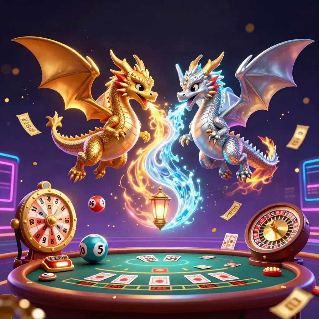 Twin gold and silver dragons swirl through neon casino light with lottery balls, wheel, and gold sparkle.