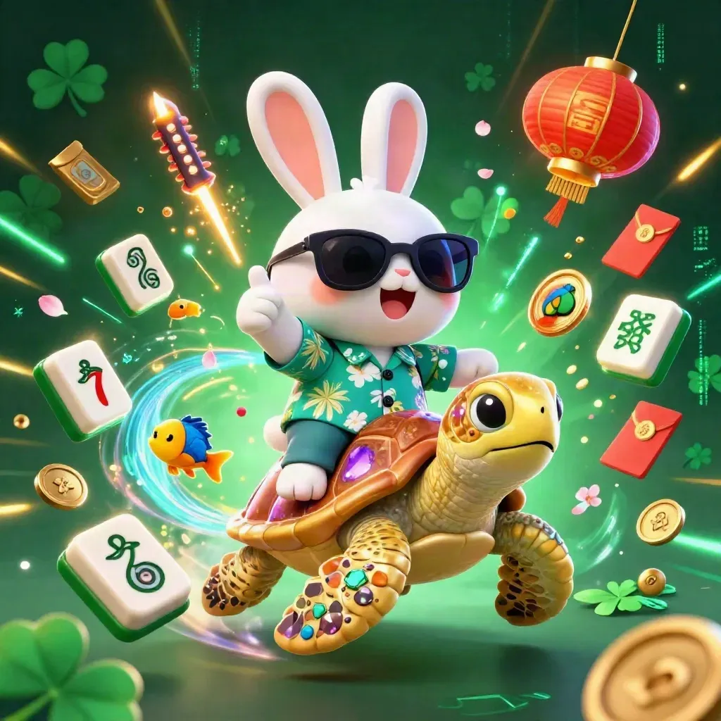 Lucky rabbit rides a jeweled sea turtle amid casino treasures and neon space-gold effects.