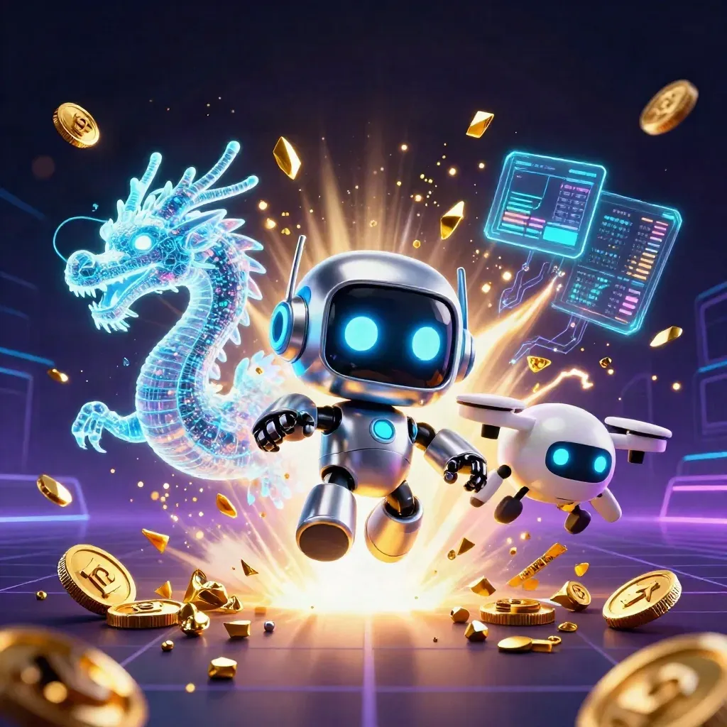 Cyberpunk robot, holographic dragon and coin drone burst through neon cyan casino space.