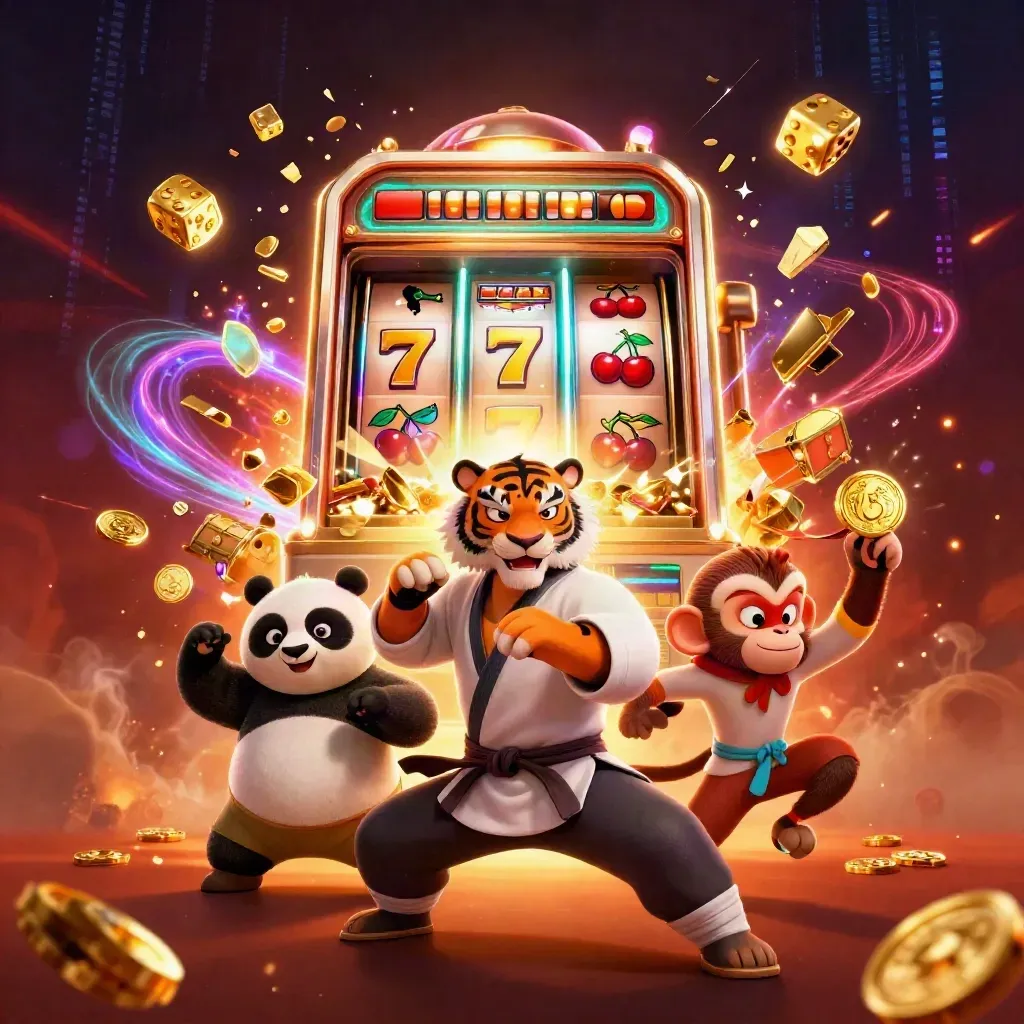Kung-fu tiger, panda, and monkey amid a bursting slot machine, gold, gems, and cyan energy