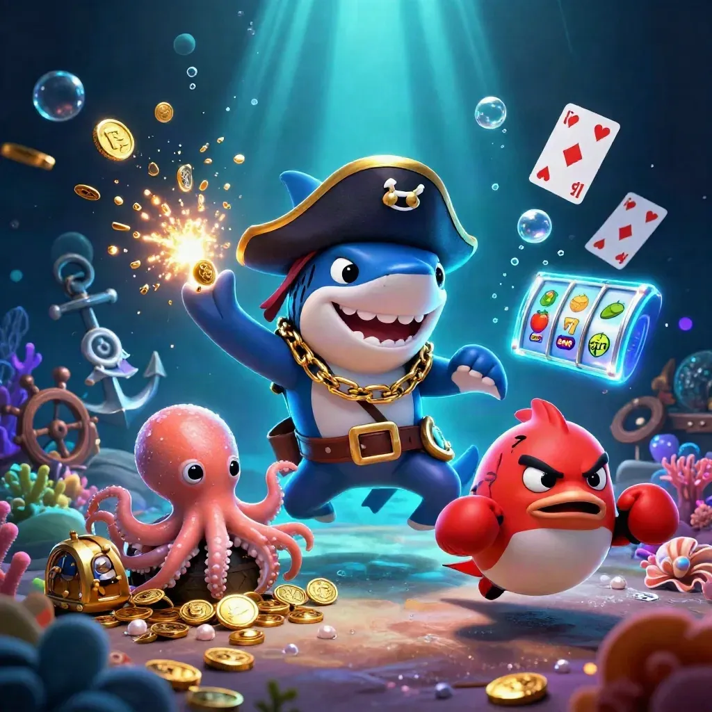 Shark pirate, boxing pufferfish and coin-juggling octopus in a glowing underwater treasure cove