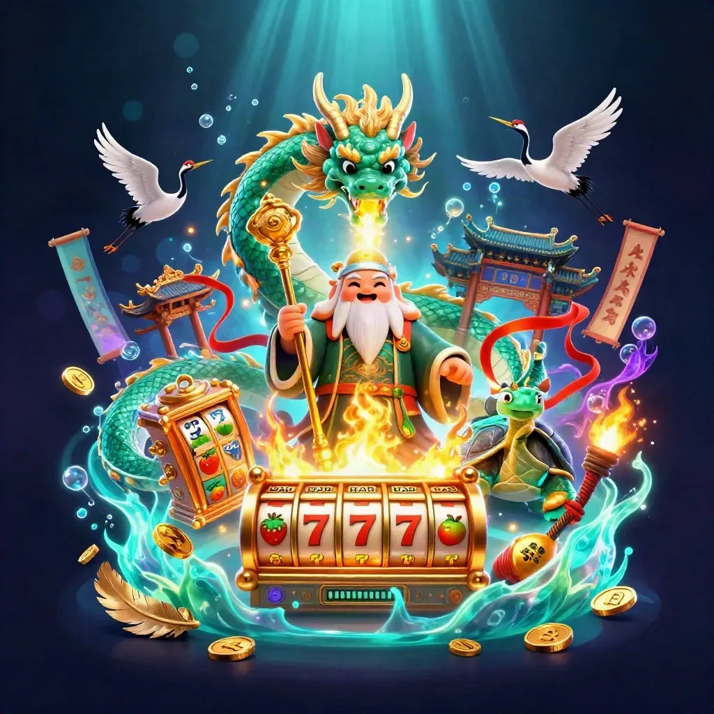 Emerald dragon, turtle sage, and ribboned cranes amid gold fire, coins, and cyan cosmic glow.