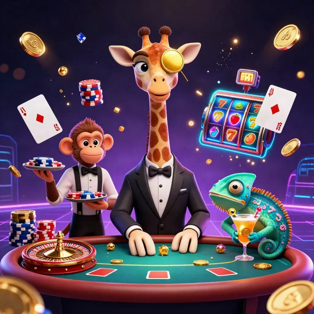 3D giraffe, monkey, and chameleon in a glowing space casino with chips, cards, coins, and neon cyan light.