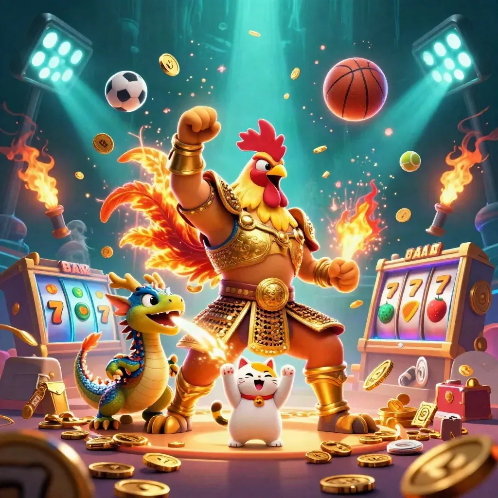 Rooster warrior, dragon hatchling, and cheering cat amid vault-burst coins, slot reels, trophy, and fireworks