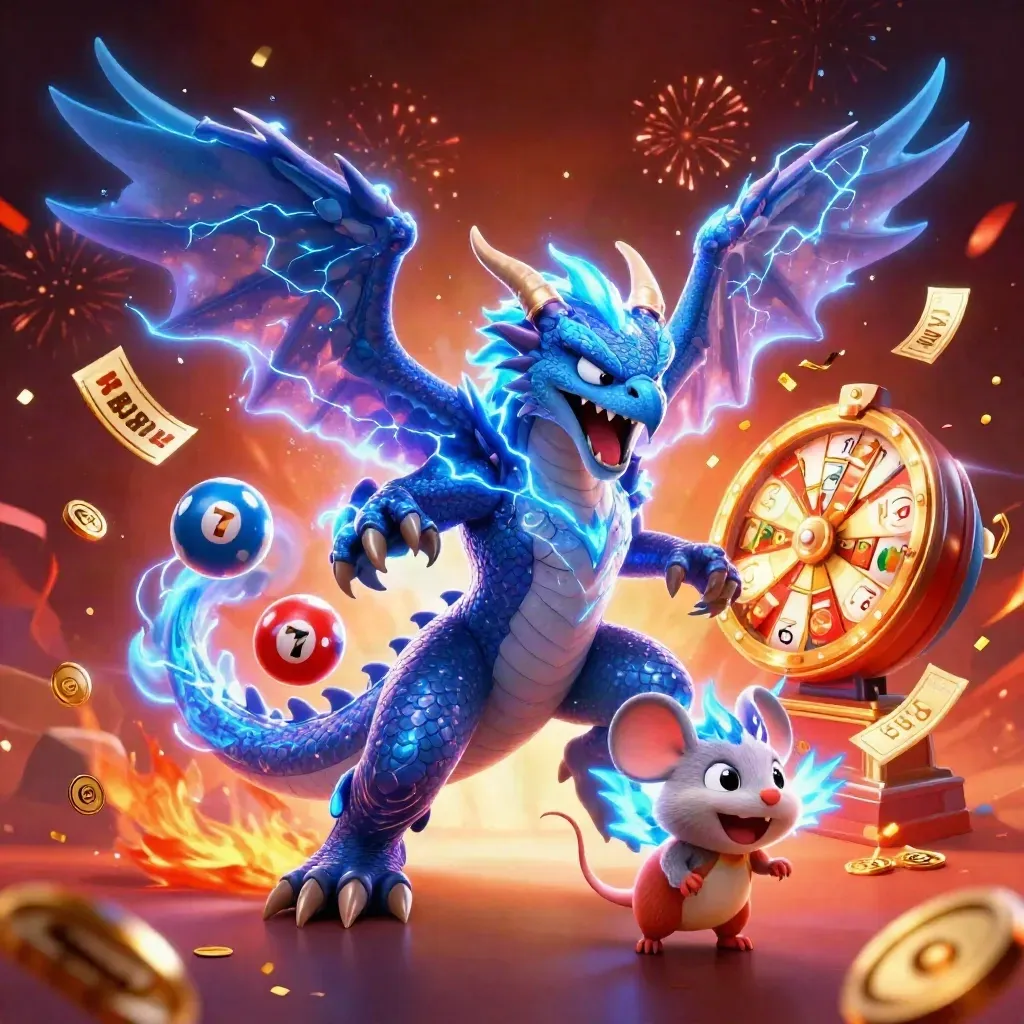 Thunder dragon, wind hawk and static mouse amid casino prizes, fireworks and gold coins.