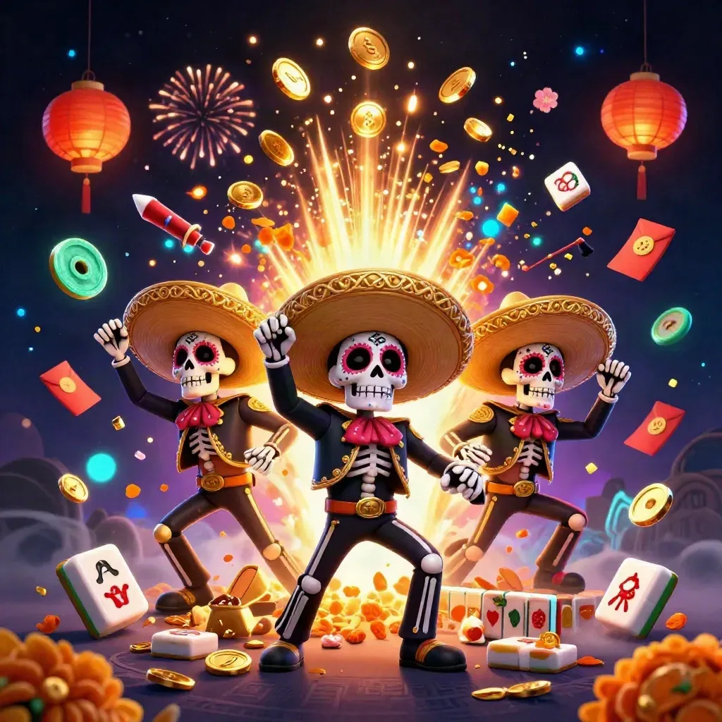 Three festive skeleton mariachi heroes burst from treasure with coins, fireworks, lanterns, and slot symbols.