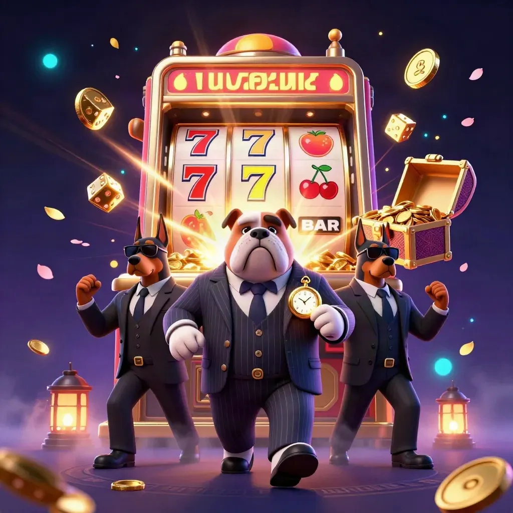 Bulldog boss and two Dobermans amid exploding slots, gold coins, and a treasure chest.