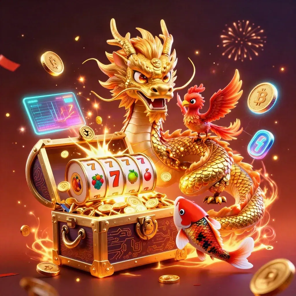 Golden dragon, phoenix, koi, treasure chest, coins, neon casino effects, fiery cosmic background
