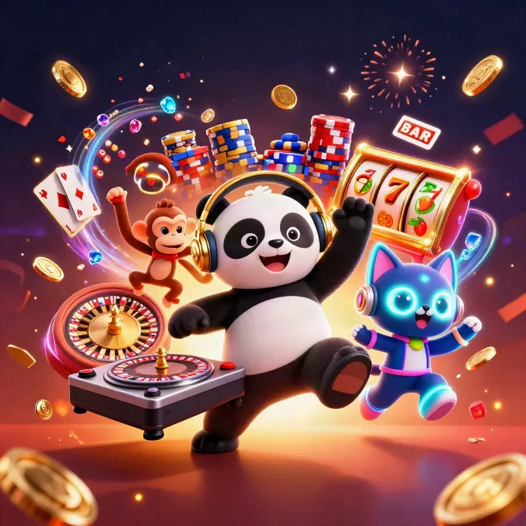 DJ panda, monkey, and rave kitten amid casino coins, cards, chips, and neon space glow.