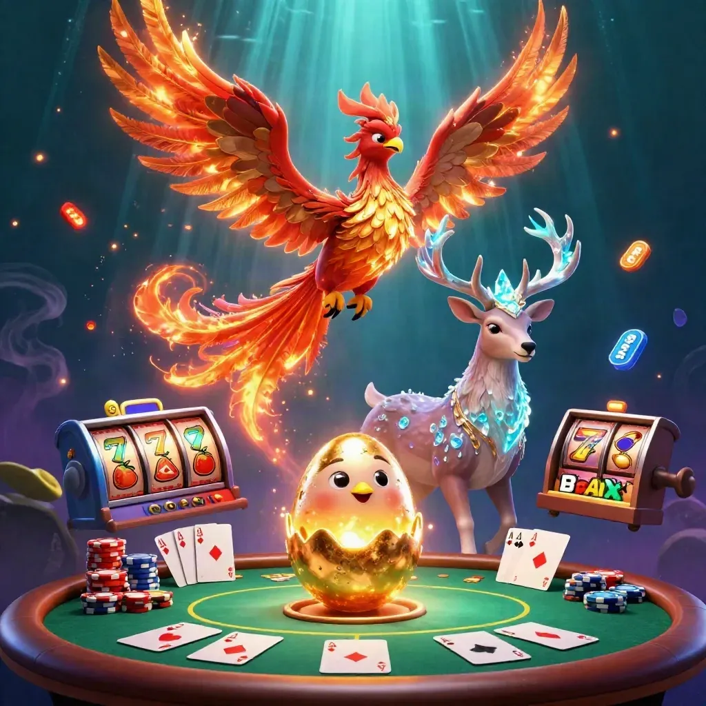 Phoenix, hatchling, and crystalline stag amid casino chips, cards, reels, and cosmic glow.