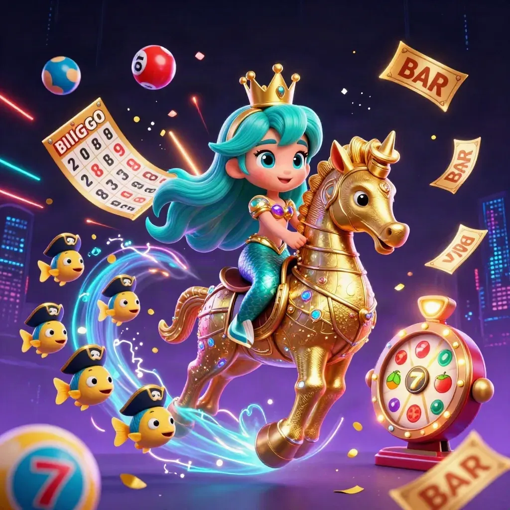 Mermaid princess on armored seahorse with pirate fish, slot reels, bingo, lottery balls, neon casino glow.