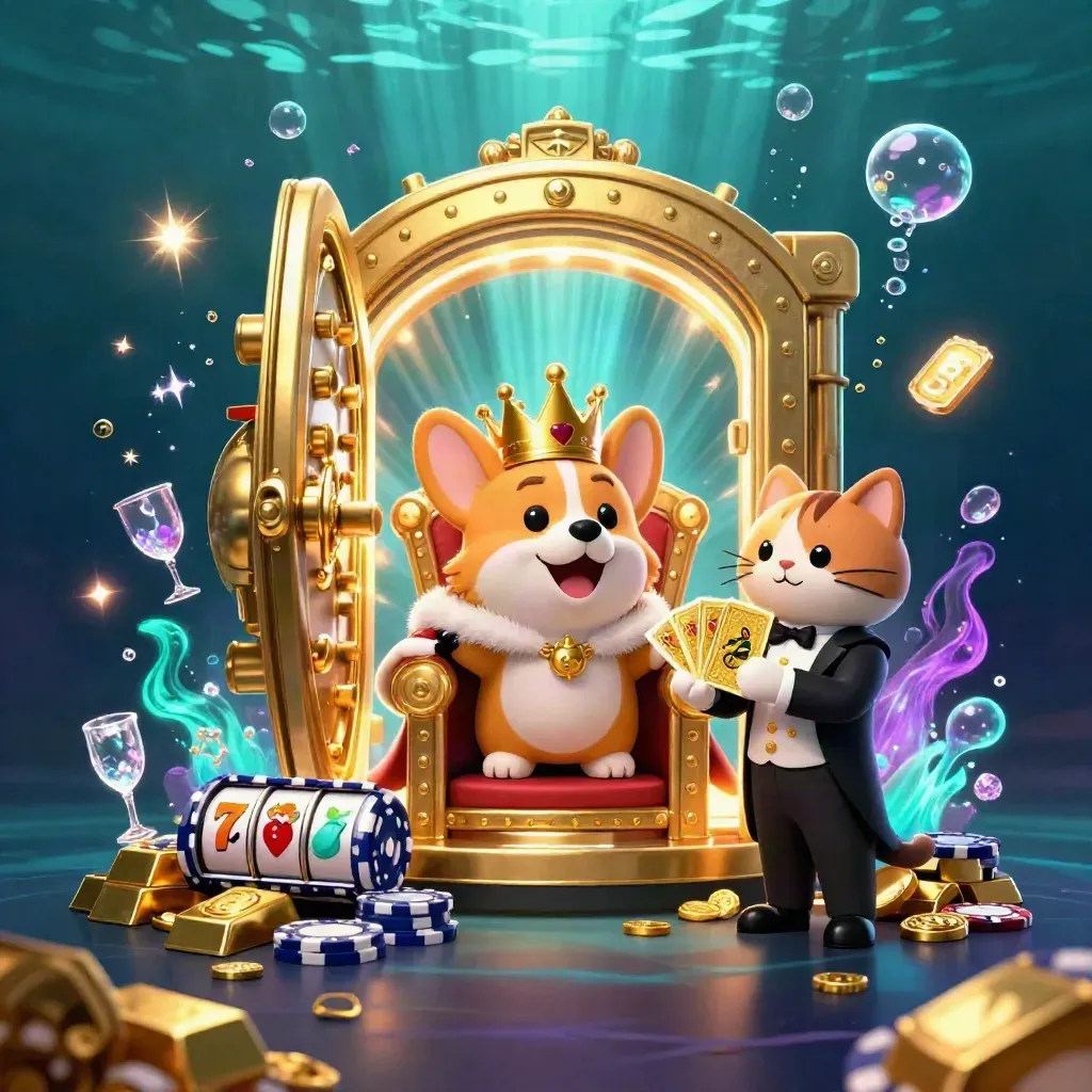 Royal corgi and cat butler erupt from a glowing vault in a neon underwater casino scene.