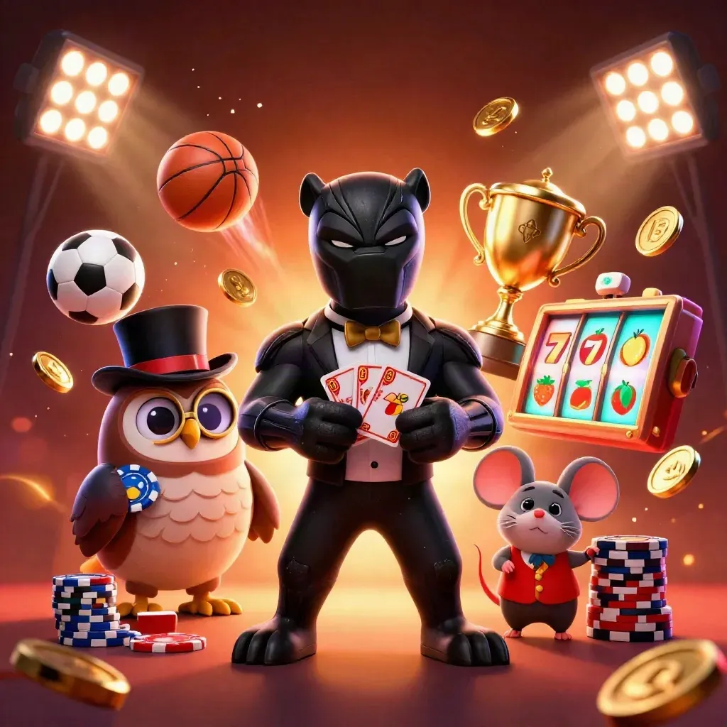 Panther, owl, and mouse burst through slots, coins, trophy, and sports balls in neon casino glow.