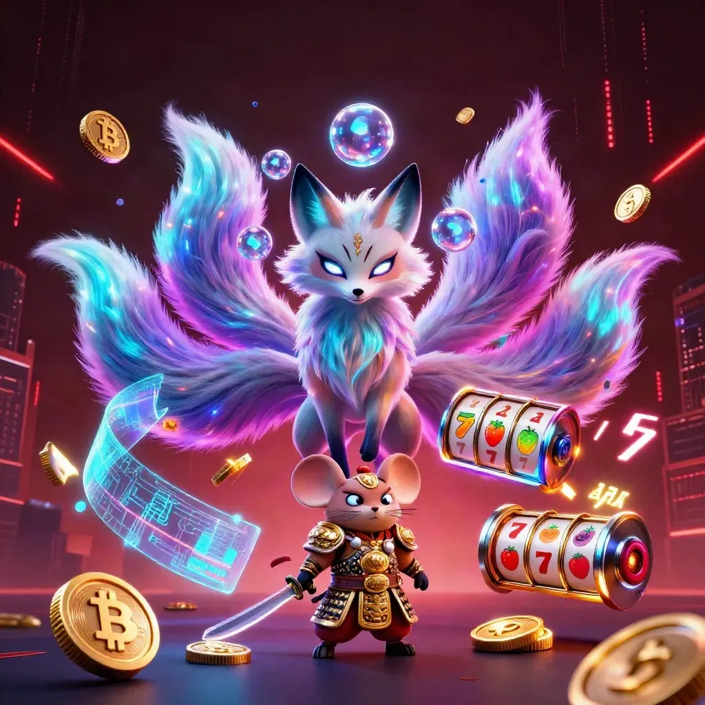Neon nine-tailed fox spirit with armored mouse, coins, lightning, and slot symbols in a dark cosmic casino scene.