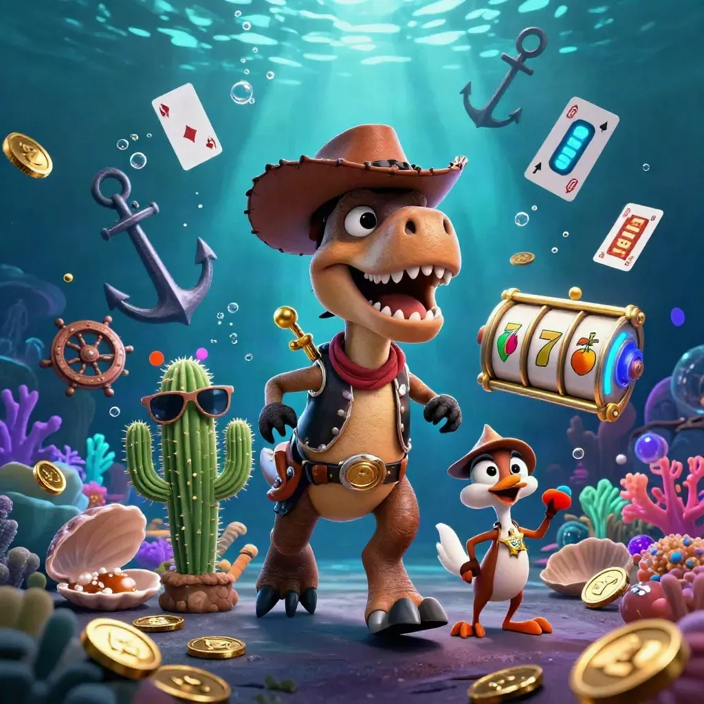 Cowboy T-Rex, cactus sidekick and roadrunner amid neon underwater slot loot and treasure glow.