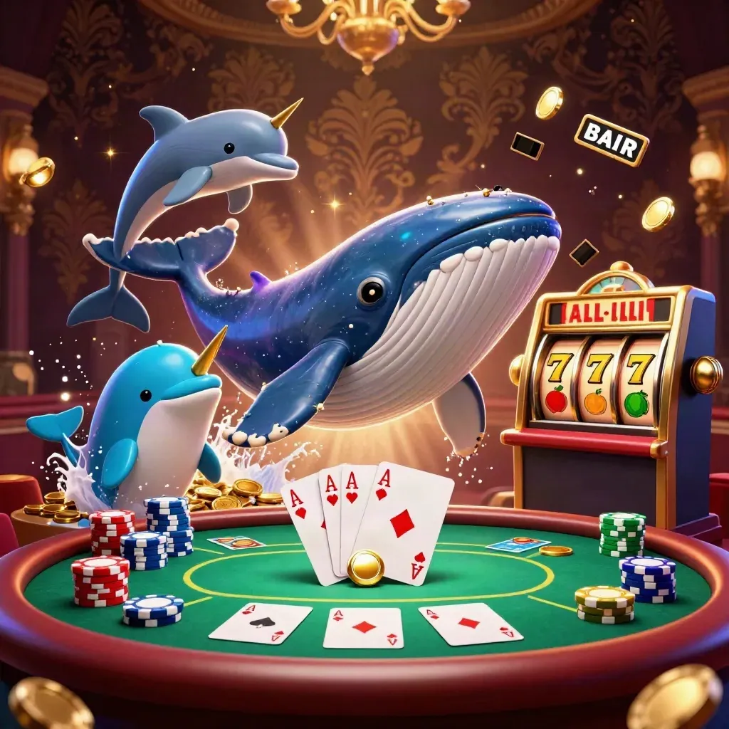 Whale captain, narwhal, and dolphins amid casino chips, cards, reels, and gold glow.