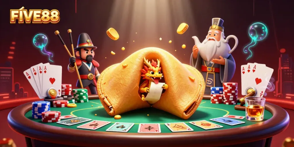FIVE88 players engaging in exciting poker action with unique characters and casino elements.