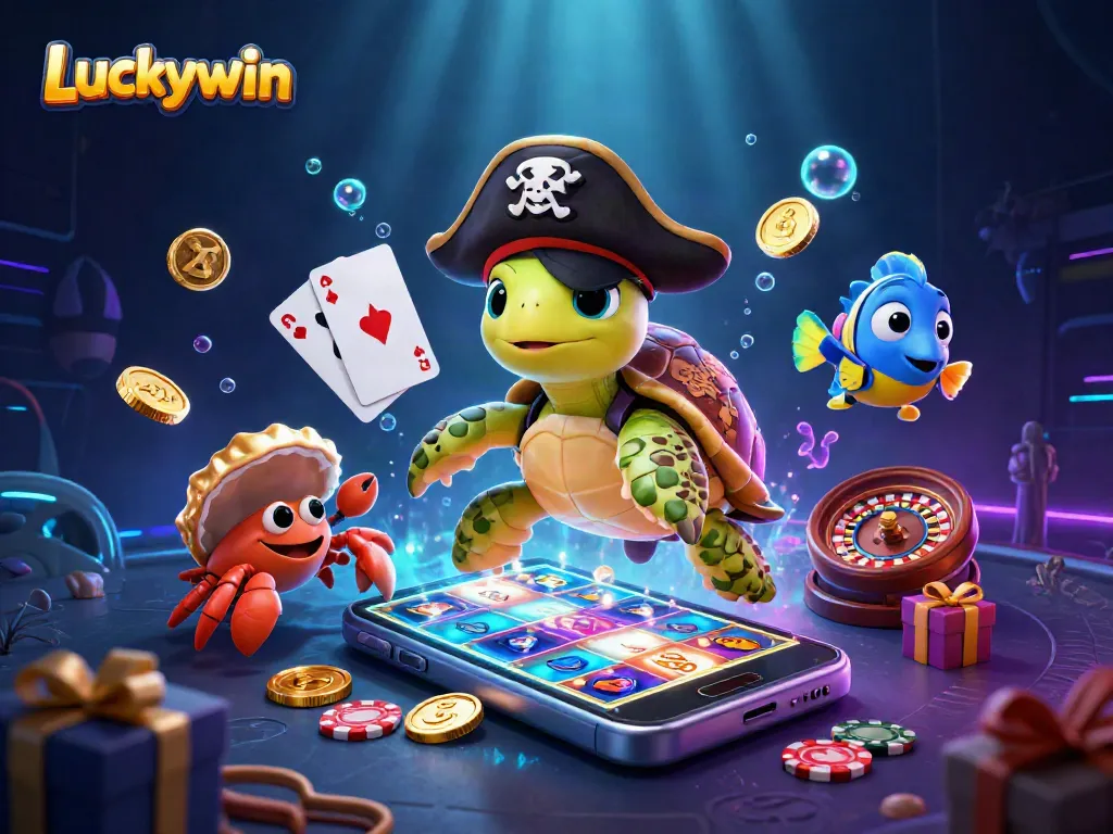 Luckywin showcases a vibrant 3D casino scene featuring a pirate turtle, golden crab, vibrant game elements, and neon lighting.