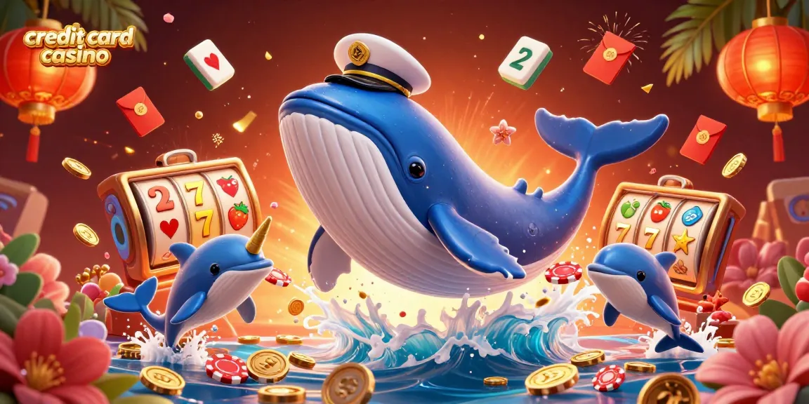 Play exciting games at a credit card casino with a whale breaching through coins.