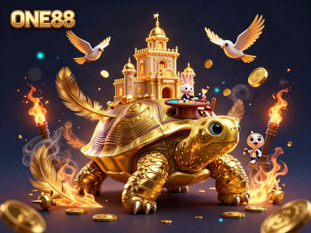 Engage in exciting games at ONE88 with a unique golden tortoise casino scene.