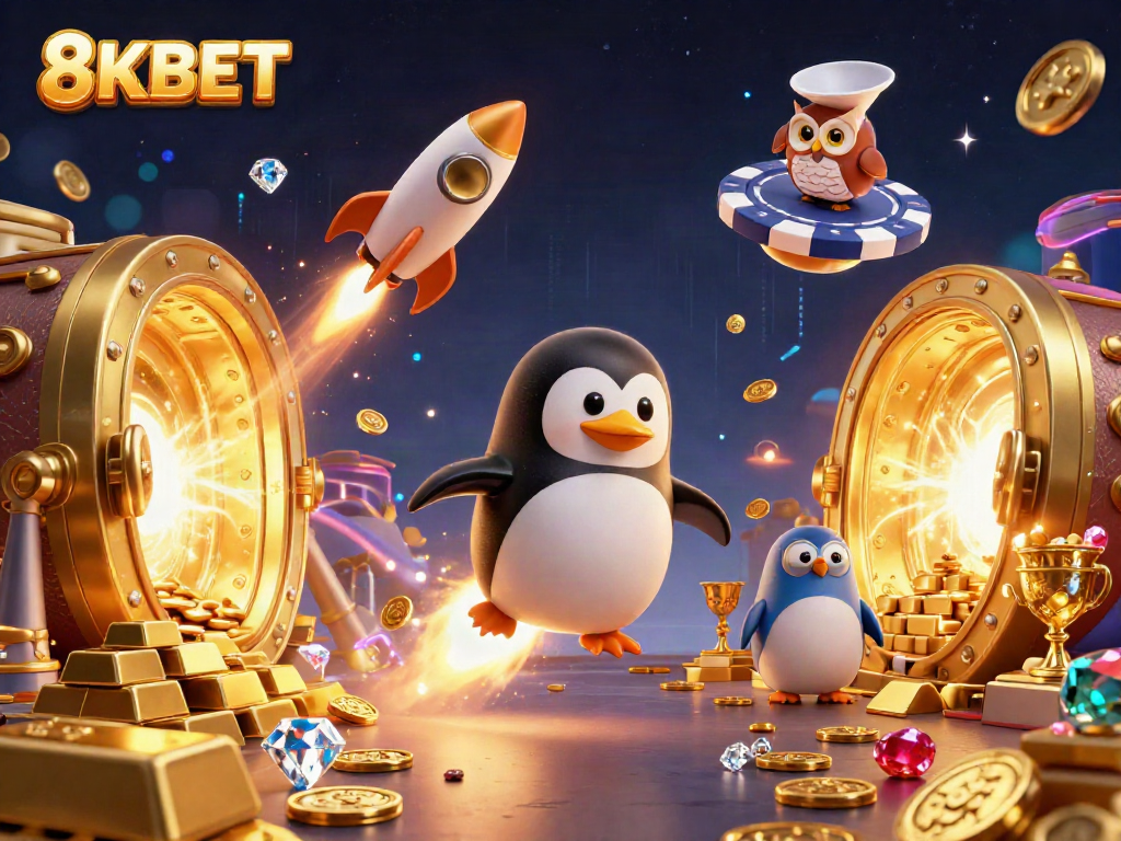Experience the excitement at 8KBET, where a penguin rockets through space to a casino, surrounded by treasures.