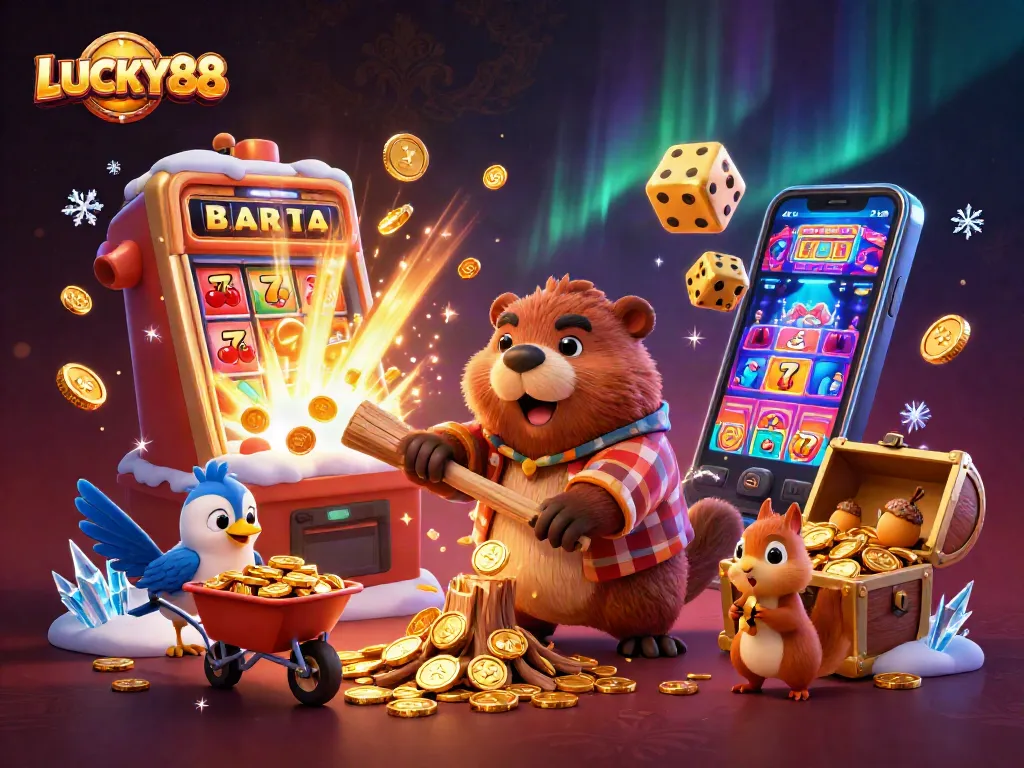 LUCKY88 offers thrilling slot action with cartoon beavers, coins, and vibrant casino elements.