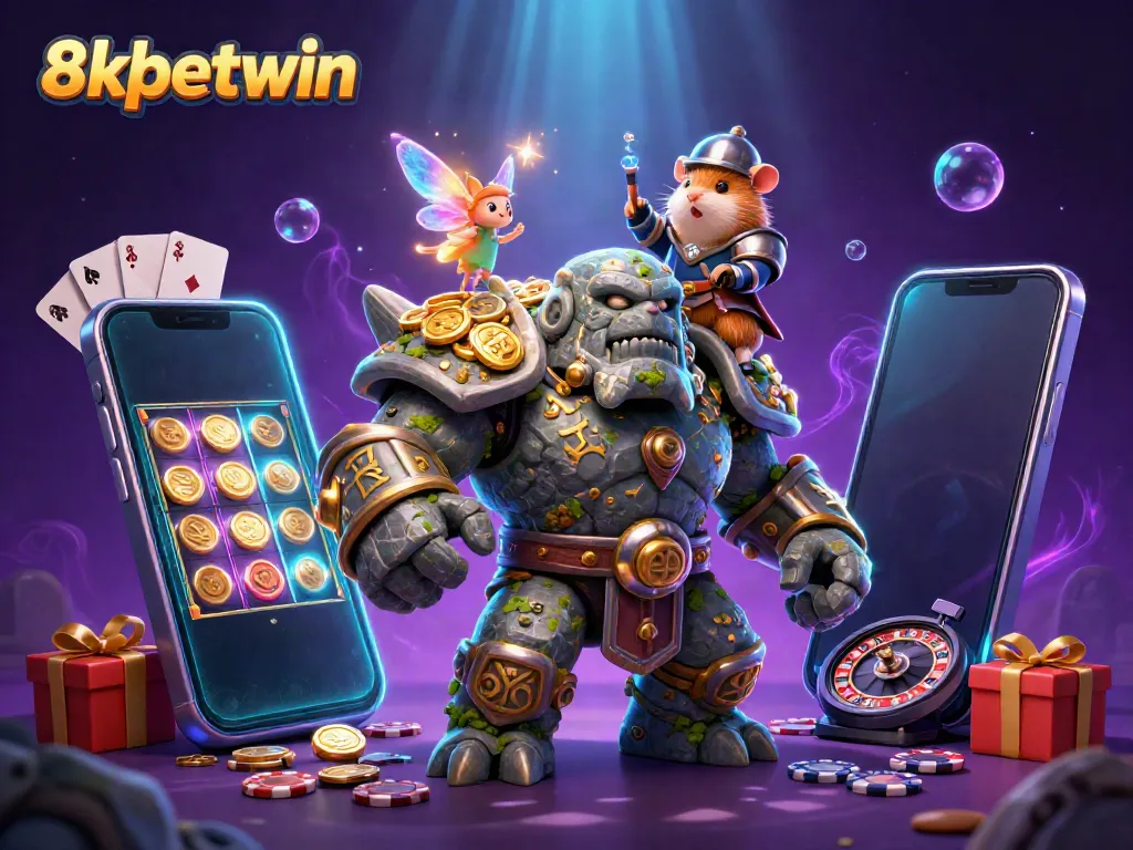 Engage in epic gameplay at 8xbetwin with a dynamic scene featuring a stone golem, fairy sparks, and vibrant casino elements.