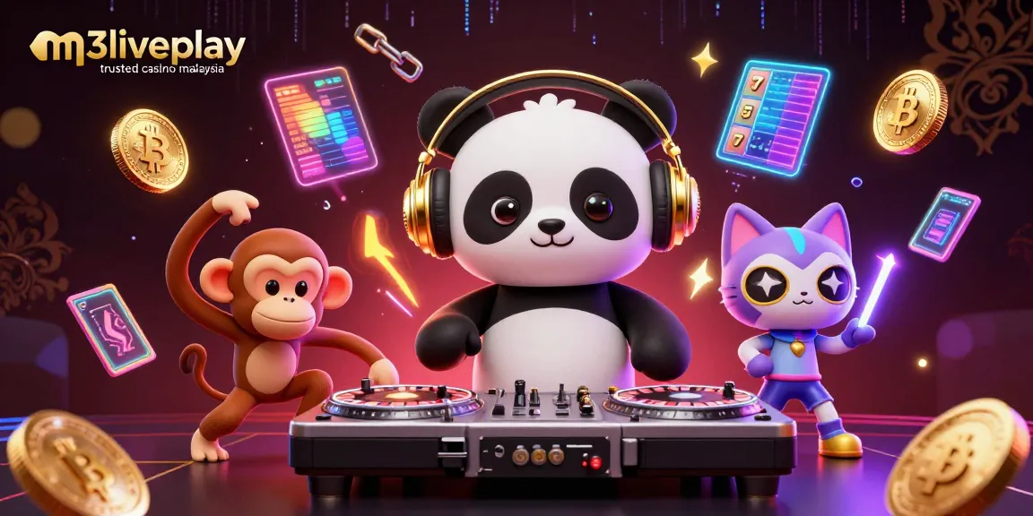 Experience the excitement at m3liveplay trusted casino malaysia with vibrant casino elements and animated characters.