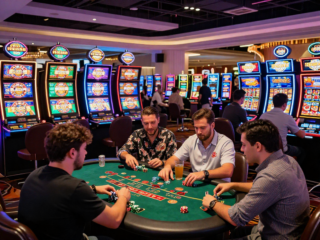 Exciting casino atmosphere with players enjoying games at casinos that accept credit cards, vibrant colors and lively environment.
