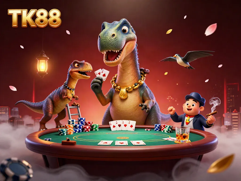 Experience thrilling TK88 action with a giant brontosaurus overseeing poker, dynamic casino scene.