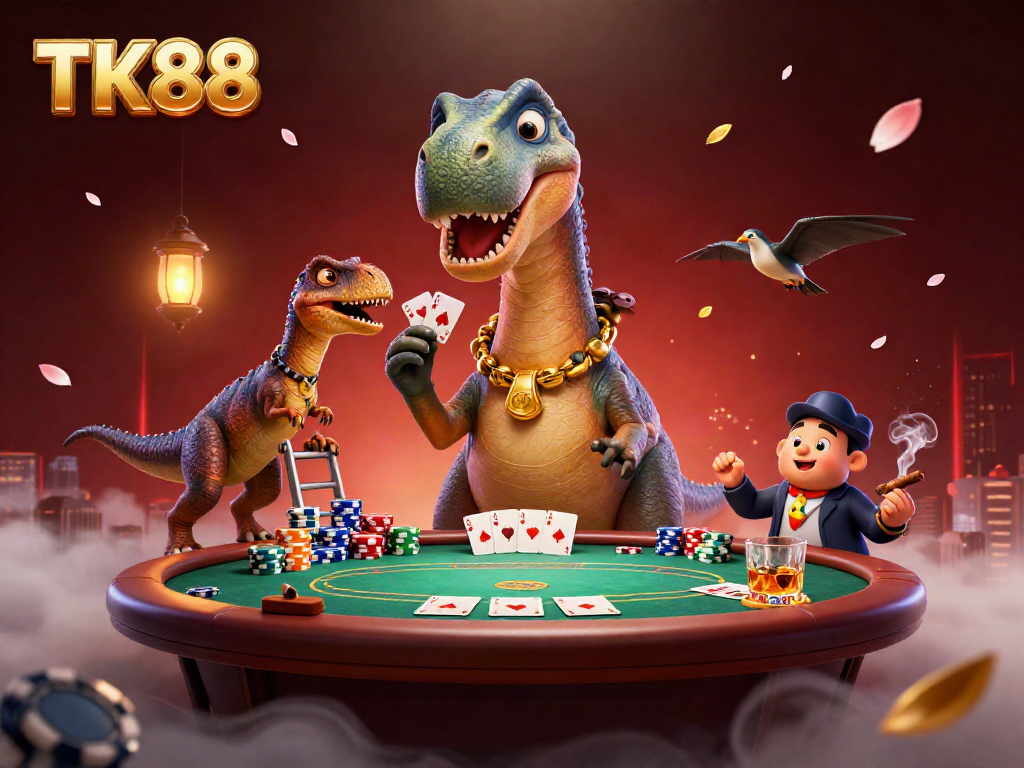 Experience thrilling TK88 action with a giant brontosaurus overseeing poker, dynamic casino scene.