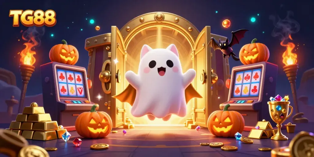 Experience the thrilling world of TG88 with a friendly ghost cat and intriguing casino elements.