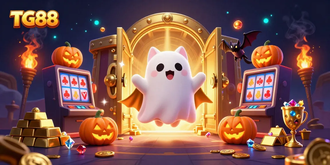 Experience the thrilling world of TG88 with a friendly ghost cat and intriguing casino elements.