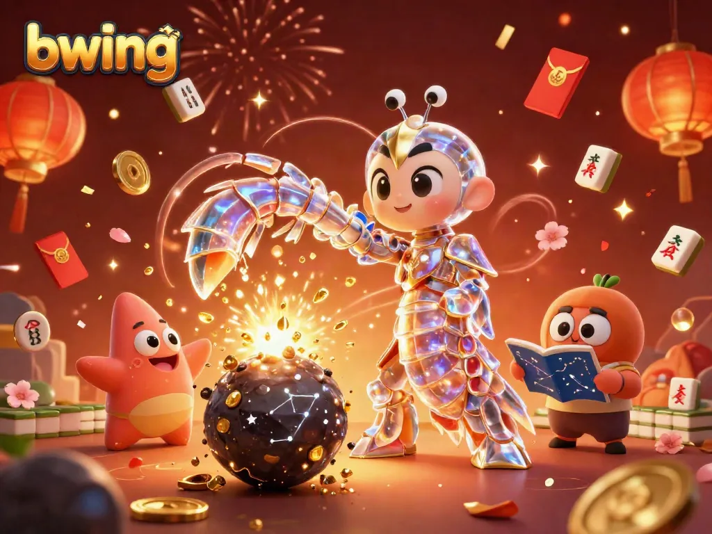 Experience thrilling wins at bwing with an engaging 3D illustration showcasing vibrant casino features and characters.