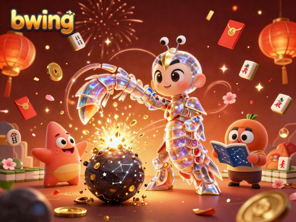 Experience thrilling wins at bwing with an engaging 3D illustration showcasing vibrant casino features and characters.