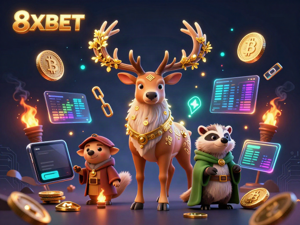 Experience the vibrant world of 8XBET with a mystical stag and wise badger thrillingly accompanied by crypto coins.