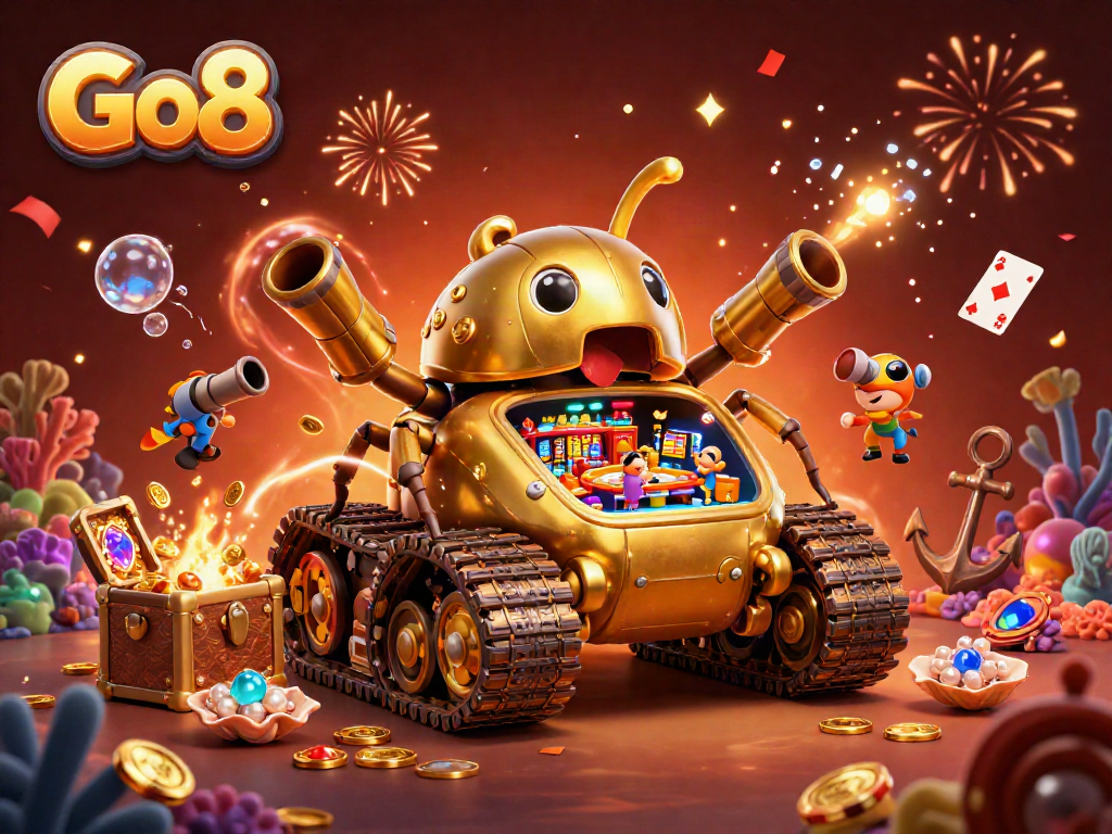 Experience the vibrant Go8 casino scene with a golden beetle tank and dynamic game elements.