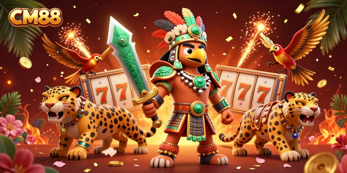 Engage with thrilling casino experiences at CM88 with an Aztec warrior scene amidst vibrant gaming elements.