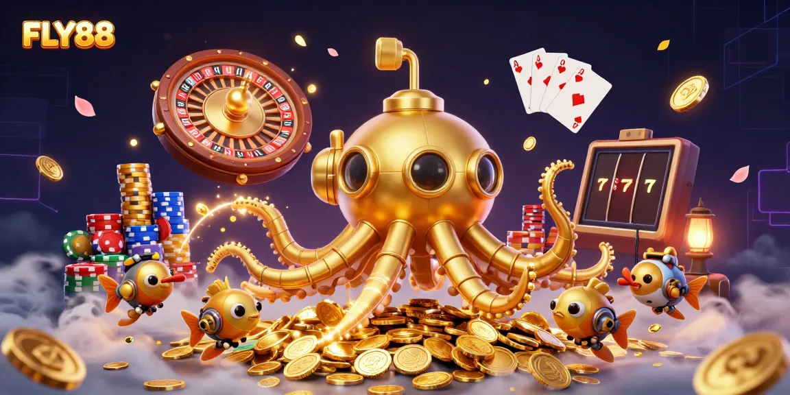 Experience thrilling gameplay with FLY88, a cartoon golden kraken submarine amidst vibrant casino elements.