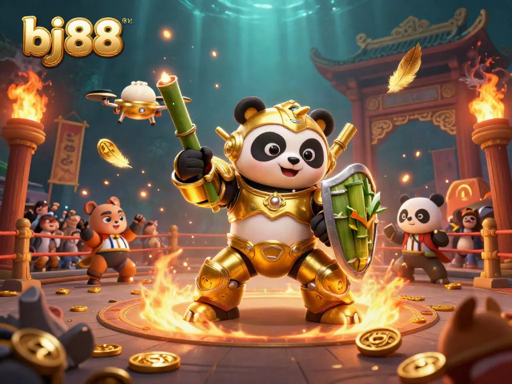 Engage in thrilling action with bj88 as the 3D golden panda fights in a colorful arena filled with exciting betting elements.