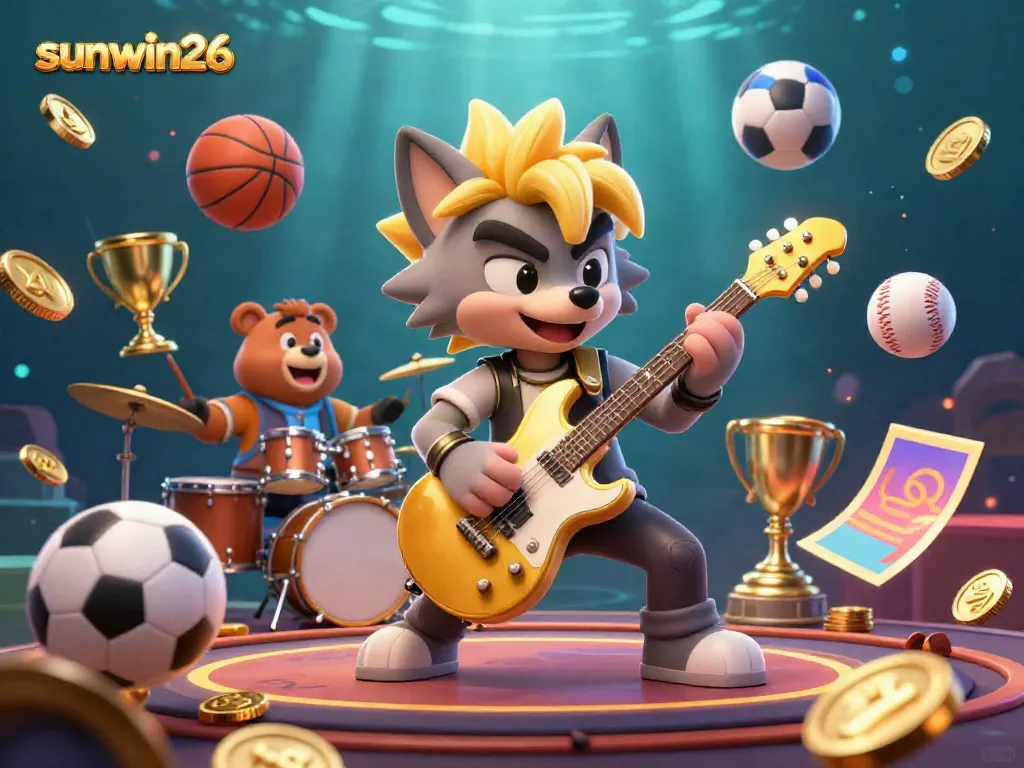 Experience the thrilling energy of sunwin26 with a wolf rock star shredding guitar surrounded by vibrant casino-themed elements.