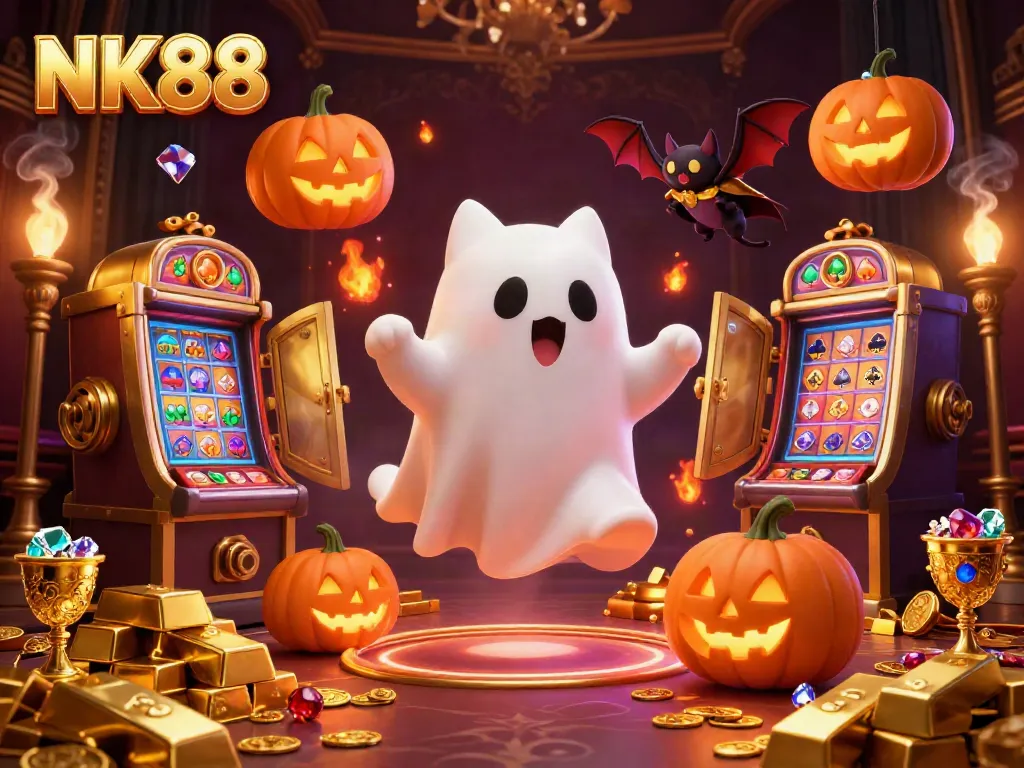 Navigating the exciting world of NK88 casino, featuring a ghost cat in a haunted backdrop with glowing treasures.