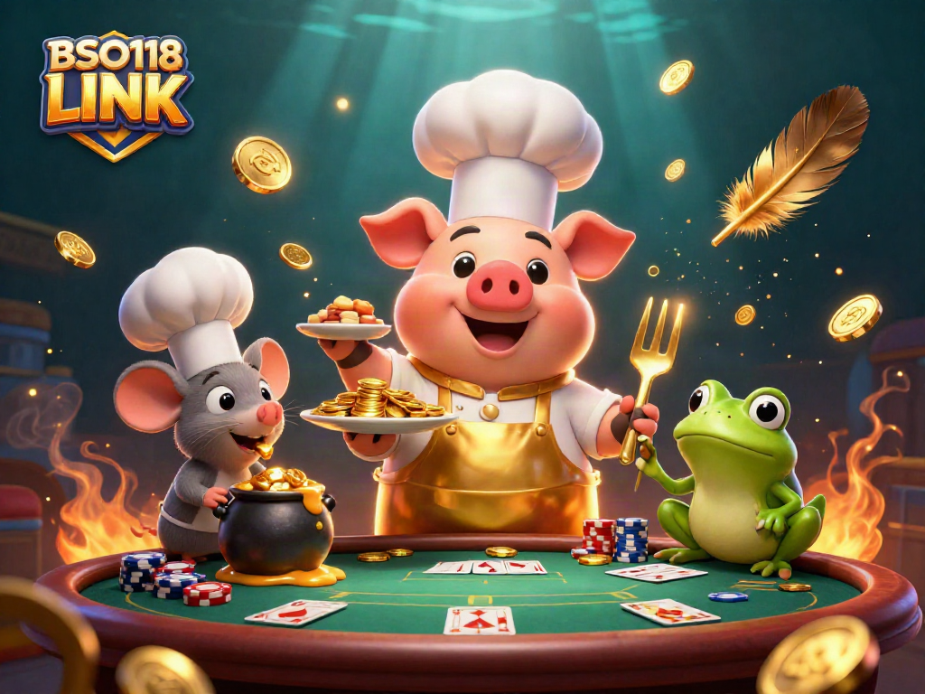 Experience the excitement of BSO118 LINK with a lively casino scene showcasing a chef pig serving gold coins.