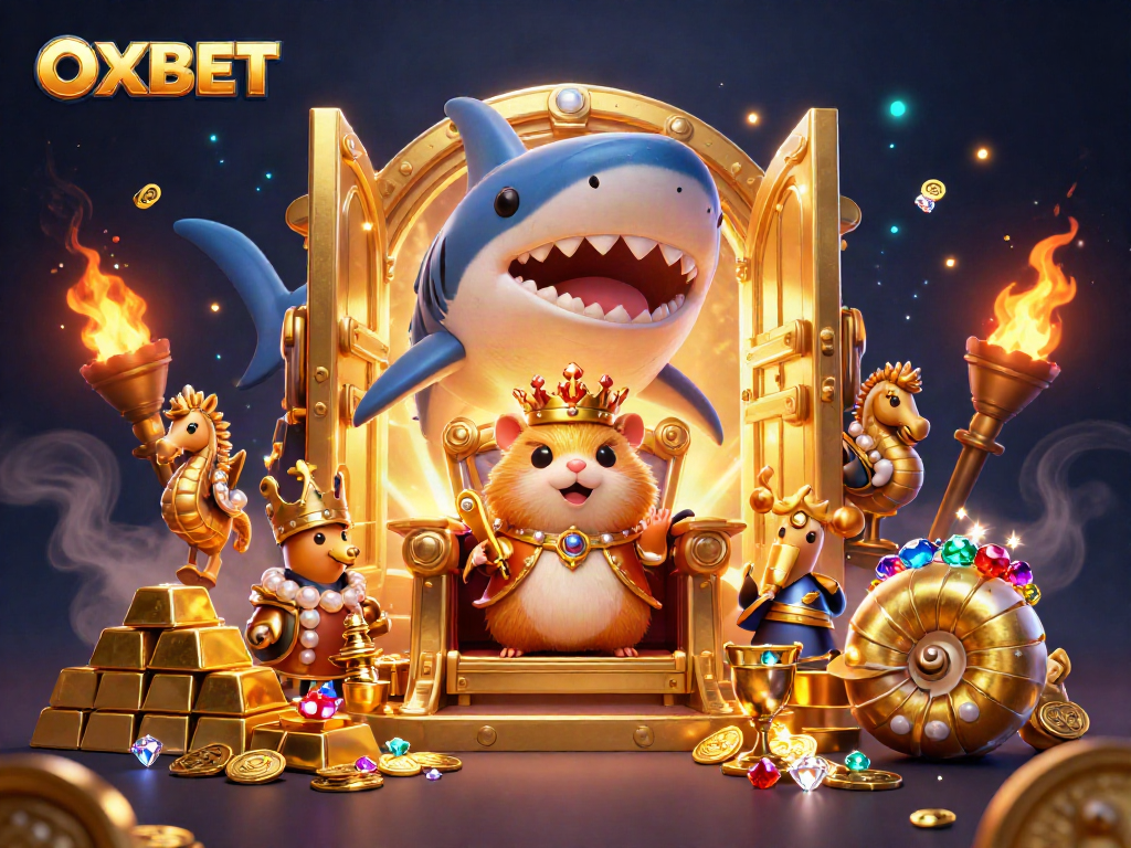OXBET’s exciting gaming scene featuring a golden hamster king surrounded by treasure and royal elements.