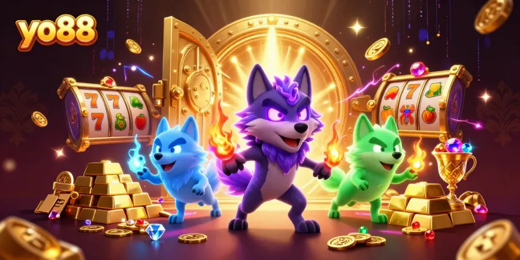 Experience exciting yo88 jackpots with a vibrant scene of glowing wolves and rich casino elements