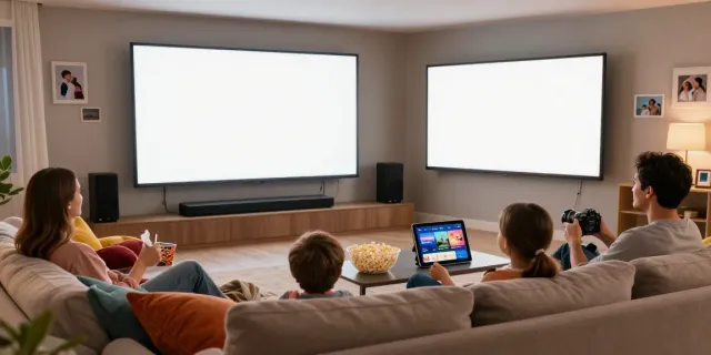 Family enjoying a movie night with MovieBox App interface visible, cozy living room setup at https://mymovieboxproapp.com/