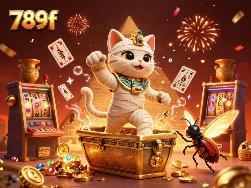 Engage with exhilarating gaming at 789f featuring a vibrant 3D mummy cat in a pyramid casino.