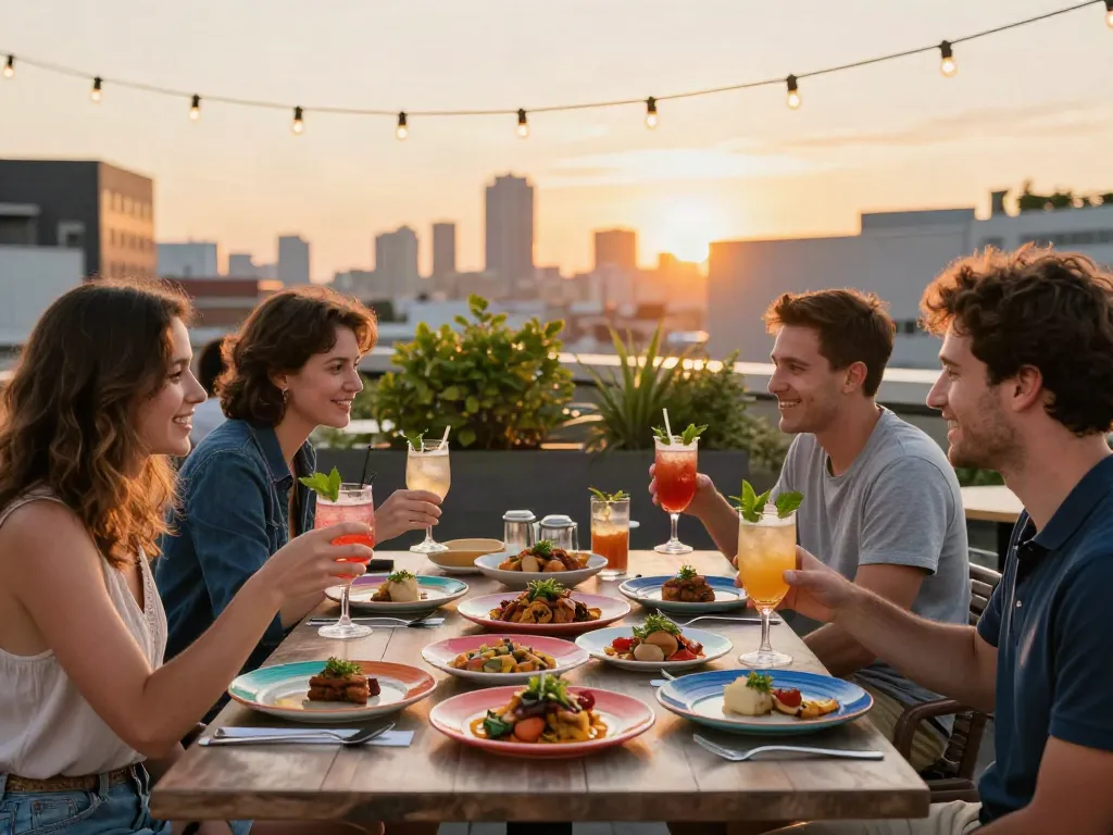 NoHu rooftop dining experience with sunset view, guests enjoying cocktails and gourmet dishes.