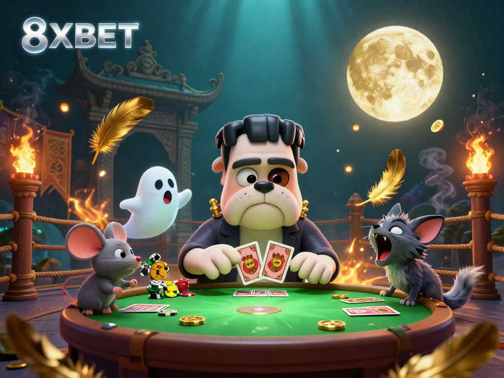 Experience the thrilling world of 8XBET with dynamic characters dealing cards at a spooky table.