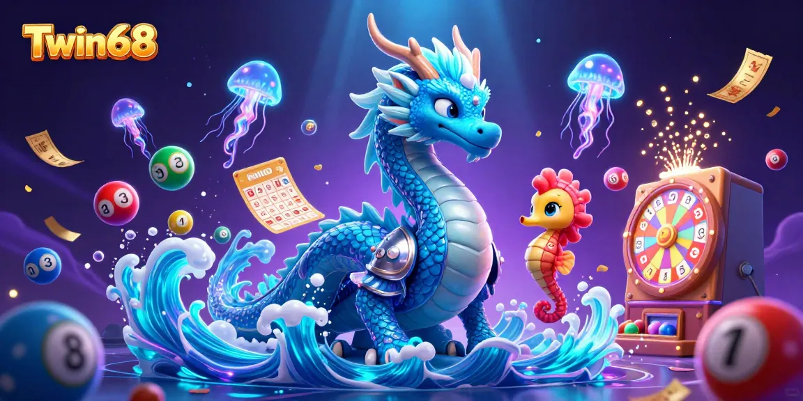 Twin68 offers an exciting gaming experience with a vibrant 3D illustration of a water dragon alongside lively elements of lottery play.